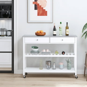 Redmon Mobile Kitchen Island, Two Large Open Shelves, 2 Drawer, Stainless Steel Top Surface 46" x 19", White Finish, 37" Height