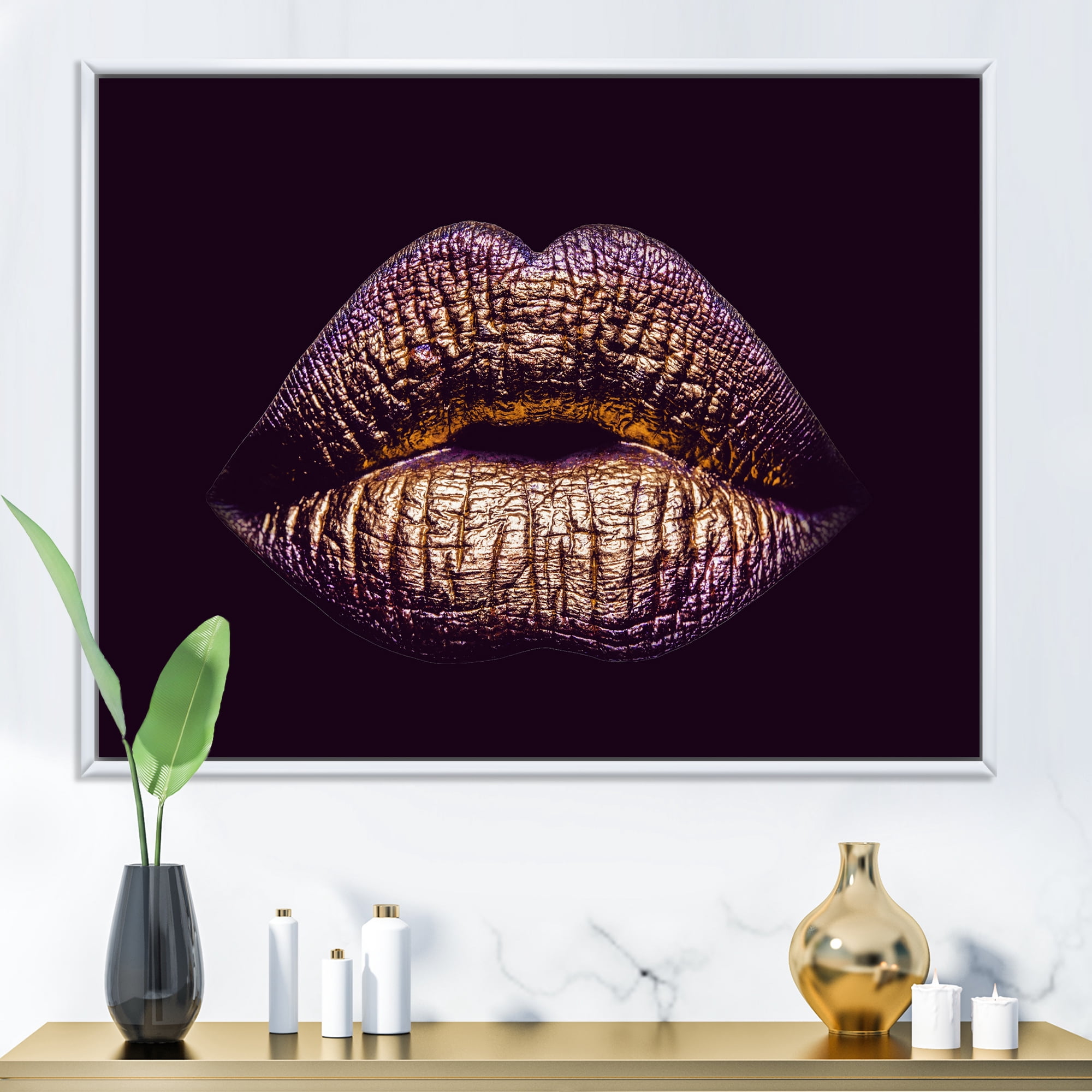 Designart 'Sexy Golden Metallized Woman Lips III' Modern Framed Canvas Wall Art Print