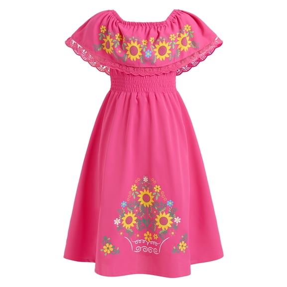 IBTOM CASTLE Mexican Dress for Girls Traditional Off-Shoulder Floral Embroidery Cinco de Mayo Fiesta Party Folklorico Dress 6-7 Years Hot Pink