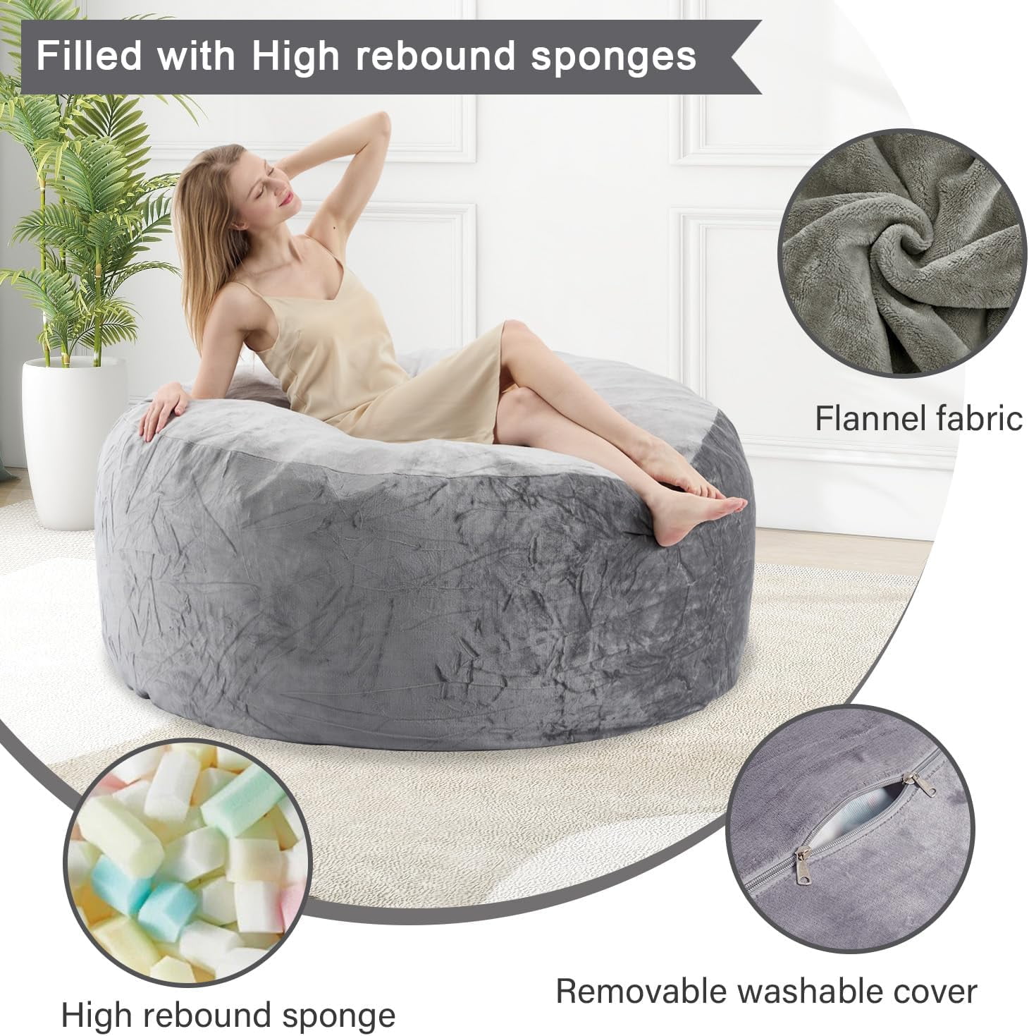 VIREO Bean Bag Chair - 4FT Bean Bag Chairs for Adults Memory Foam Filler Beanbag Chair with Ultra Soft Removable and Washable Flannel Cover, Beanbag Chairs for Living Room - Grey