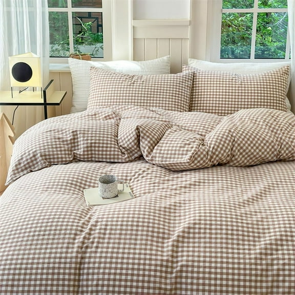 Brown Gingham Duvet Cover Queen Size Tan White Plaid Checkered Duvet Cover 3 Pieces Grid Dorm Bedding Set with 2 Pillowcases, Soft Breathable Washed Microfiber