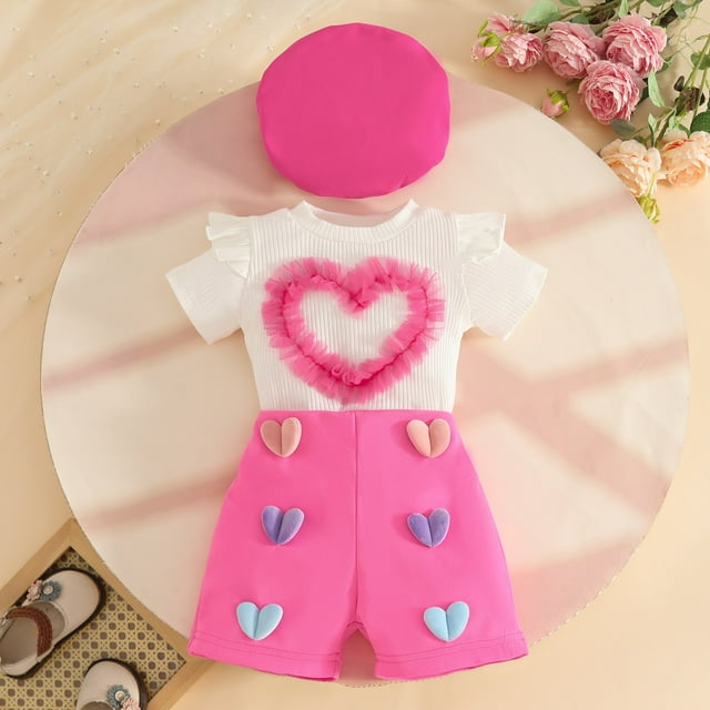 Conjuntos de blusas y camisas de cuello redondo y manga corta para niños, falda corta de manga larga con tiras en las axilas, pantalones, boina, conjunto de 3 piezas, pantalones cortos con cuentas de
