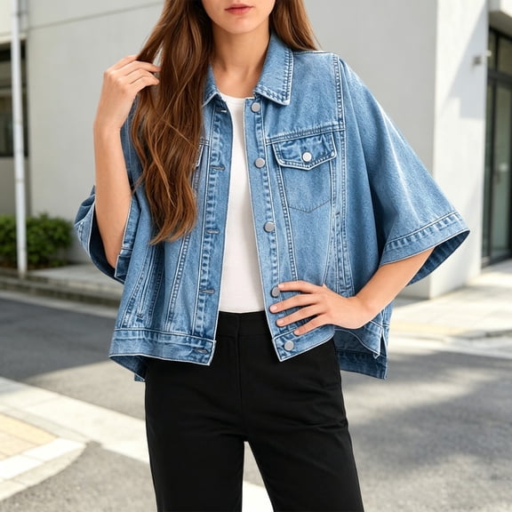 Womens Cropped Cape‑Style Denim Jacket Oversized Batwing Lapel Button Down Casual Jean Coat for Fall Casual Daily Outfit Blue,M