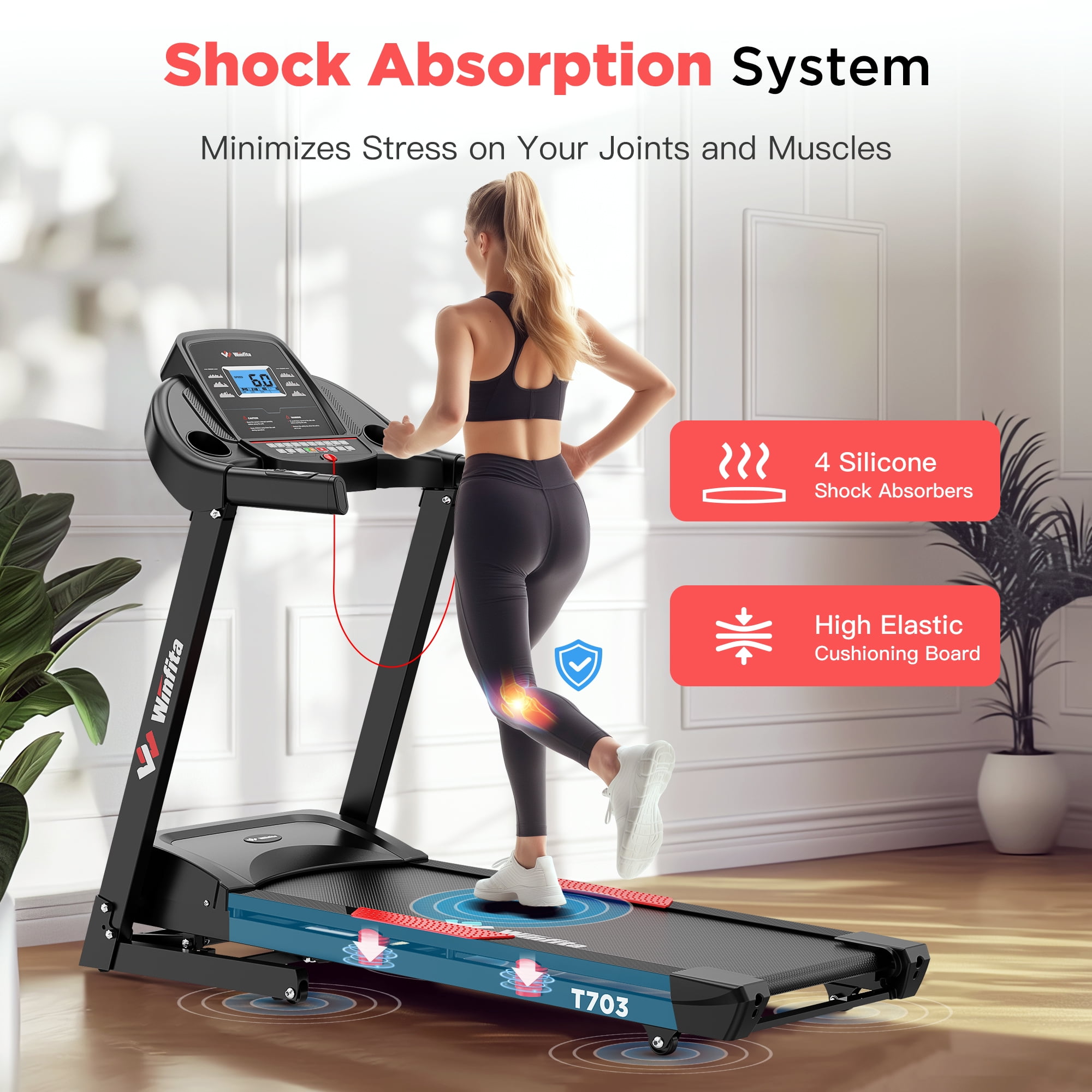 Winfita Treadmill with Incline 300 Lbs Capacity, Automatic Incline Treadmills for Home, Portable Walking Treadmill with Handles, Electric Folding Workout Treadmills