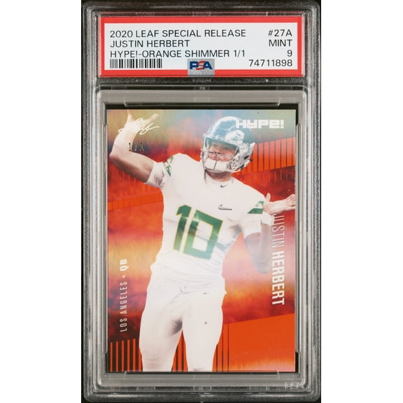 PSA 9 Justin Herbert 2020 Leaf Hype #27A Orange Shimmer 1/1 Rookie Card Los Angeles Chargers