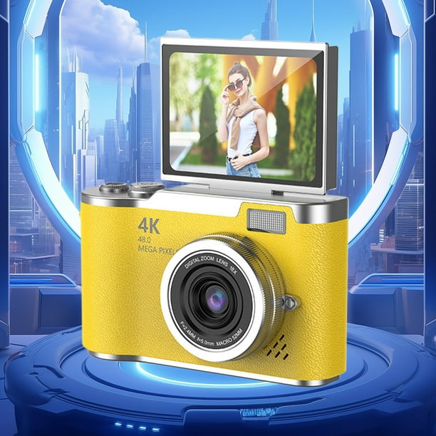 Cámara digital para estudiantes amarilla con pantalla giratoria, pantalla de 2.4 pulgadas, enfoque automático, alta definición 1080P, cámara para selfies con belleza