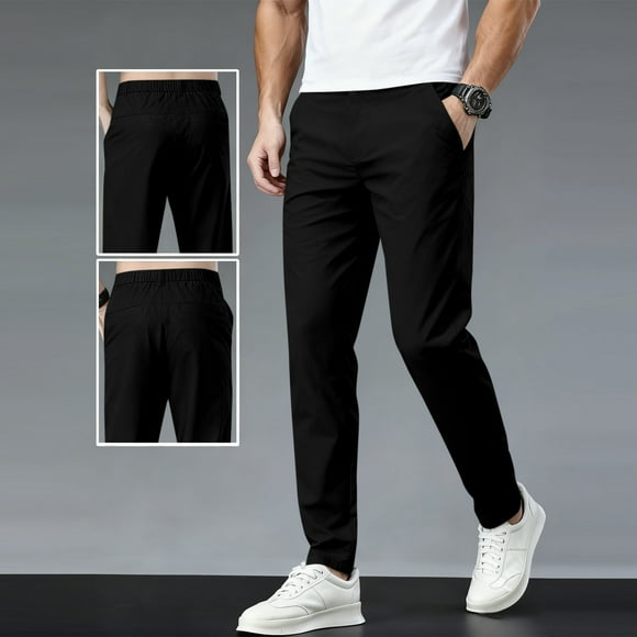 Elvqul Mens Tapered Pants Trouser Casual Breathable Elastic Waist Pockets Quick Dry Plain Bottoms for Men Lightweight