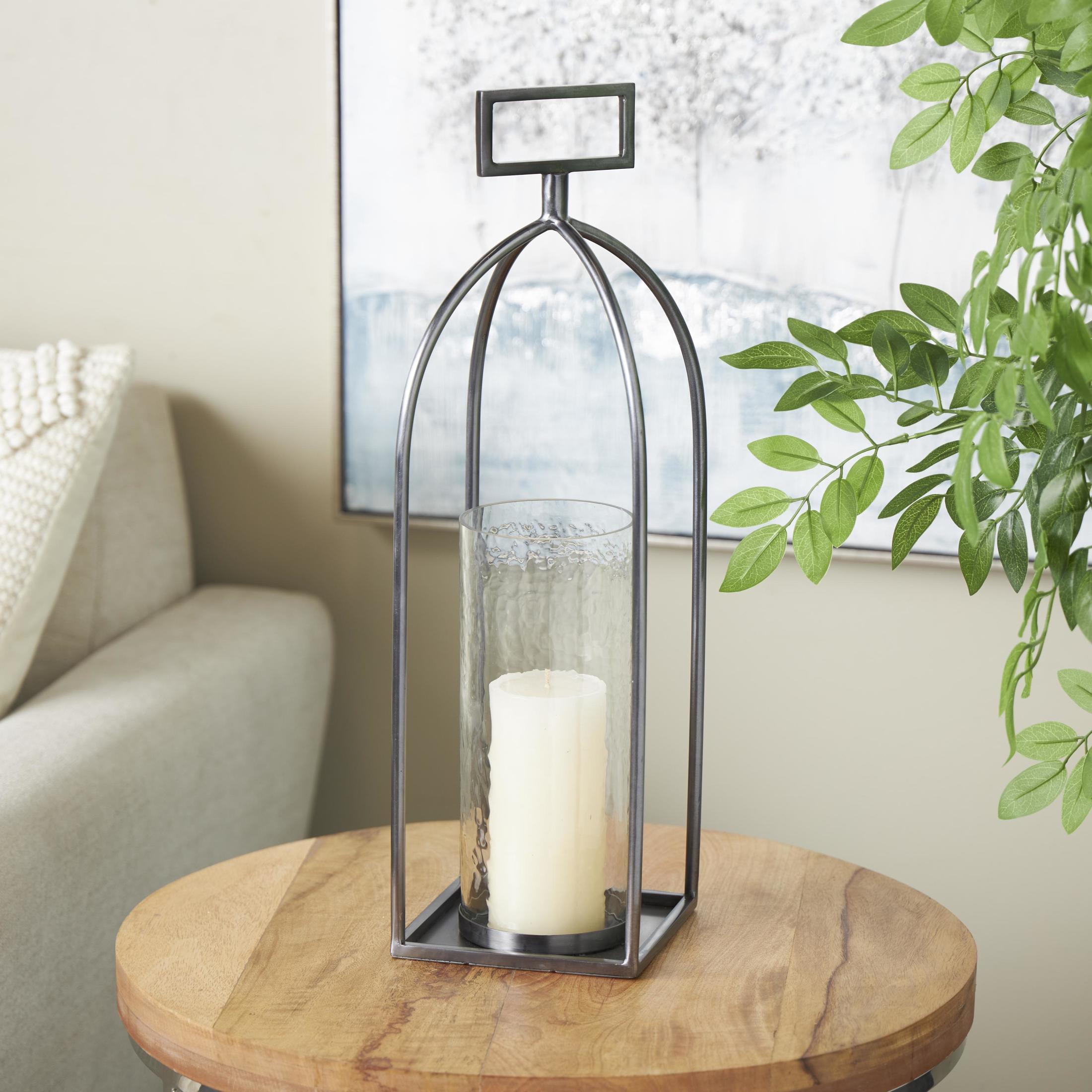 DecMode Silver Metal Open Frame Candle Lantern with Rectangle Handles