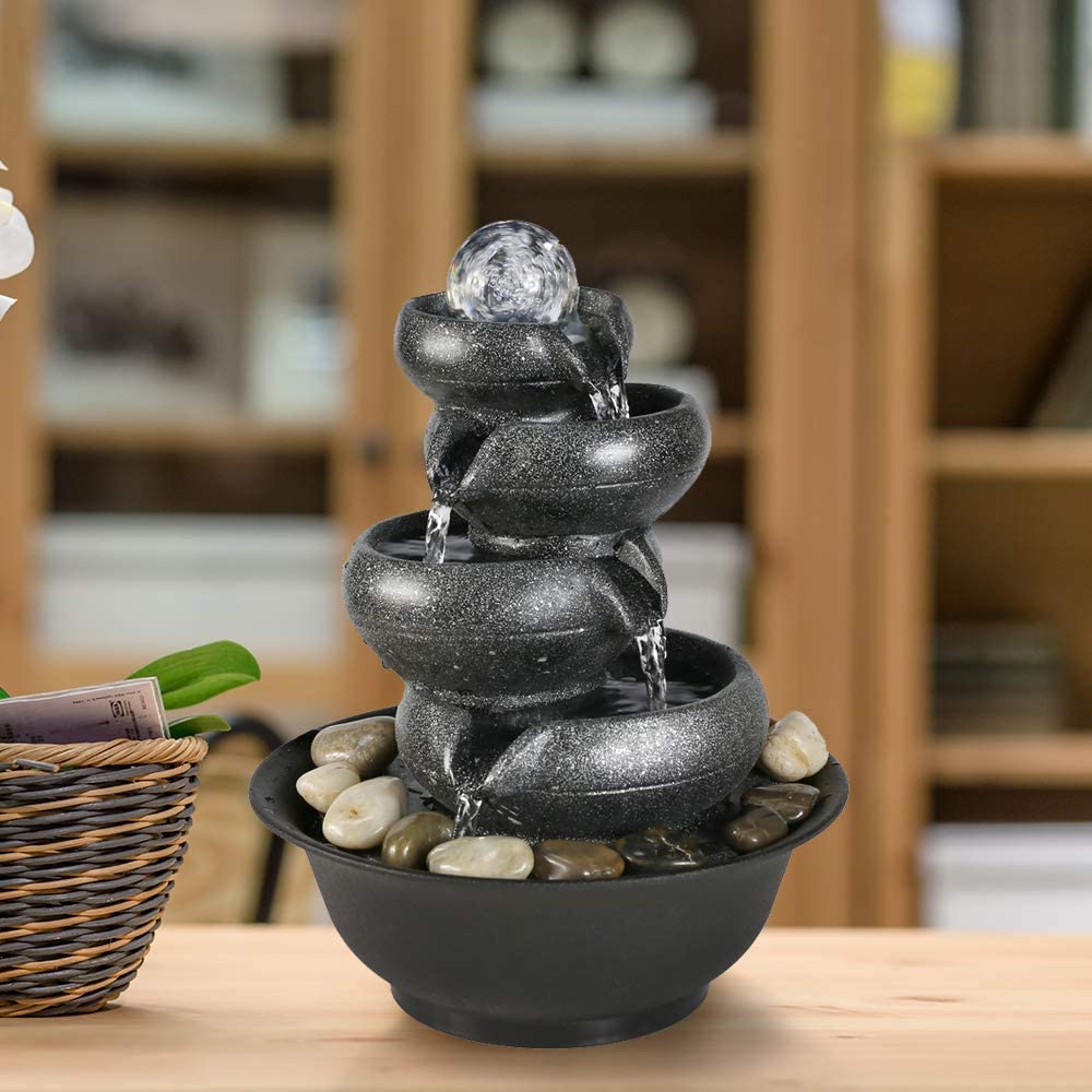 4-Tier Tabletop Water Fountain with Illuminated Crystal Ball Accent - Zen Meditation Waterfall 