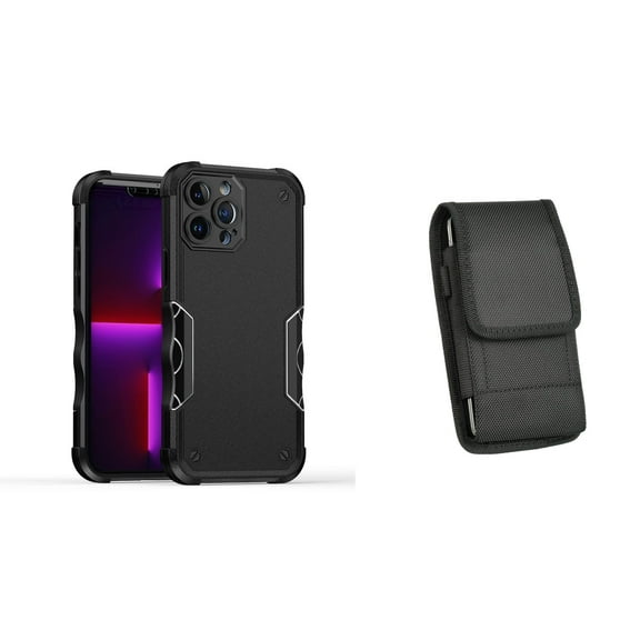 Case with Belt Holster Bundle for iPhone 14: Slim EX Hybrid Series Shockproof Case (Black) and Vertical Nylon Phone Pouch