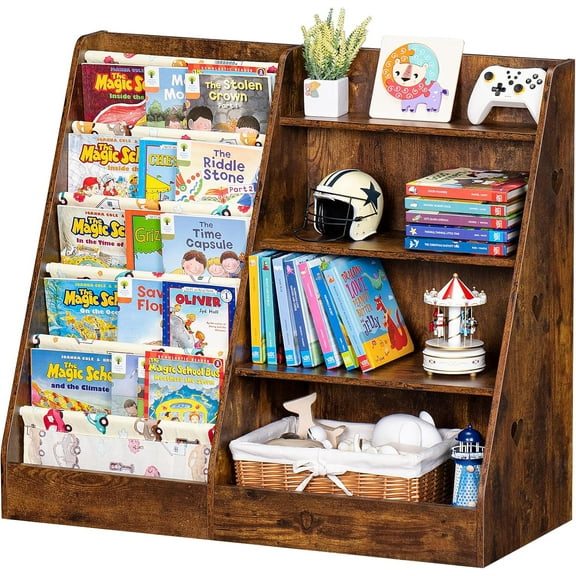 Sunny Lane 4 Tier Kids Bookshelf and Storage Organizer, Five Layer Sling Children Bookcase, Baby Toddler Wooden Book Shelf, Display Cabinet for Playroom, Bedroom, Classroom, Nursery, School (Brown)