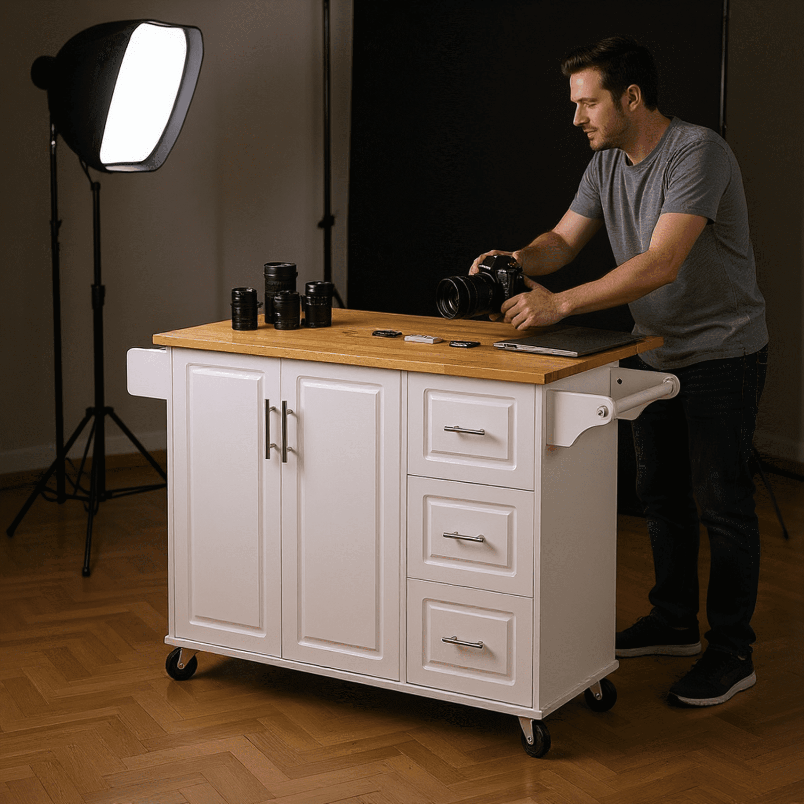 Homy Casa Multi-Purpose Rolling Utility Cart with Solid Wood Top, 3 Drawers, and Cabinet Storage
