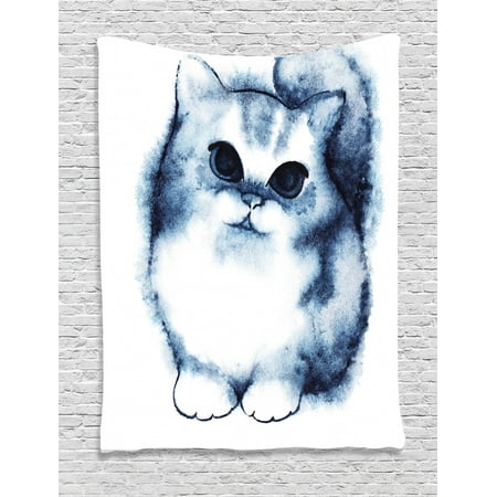 Navy Blue Tapestry, Cute Kitty Paint with Distressed Color Features Fluffy Cat Best Companion Ever, Wall Hanging for Bedroom Living Room Dorm Decor, Grey White, by