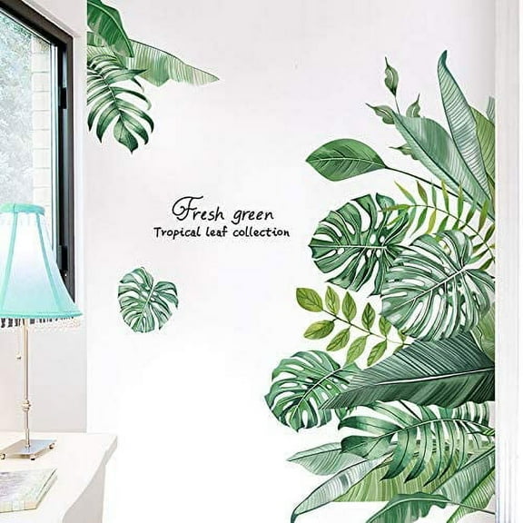 Green Tropical Leaves Wall Decal, Nature Palm Tree Leaf Plants Wall Sticker Art Murals, Waterproof DIY Wall Decor for Bedroom Living Room Classroom Offices Home Decoration