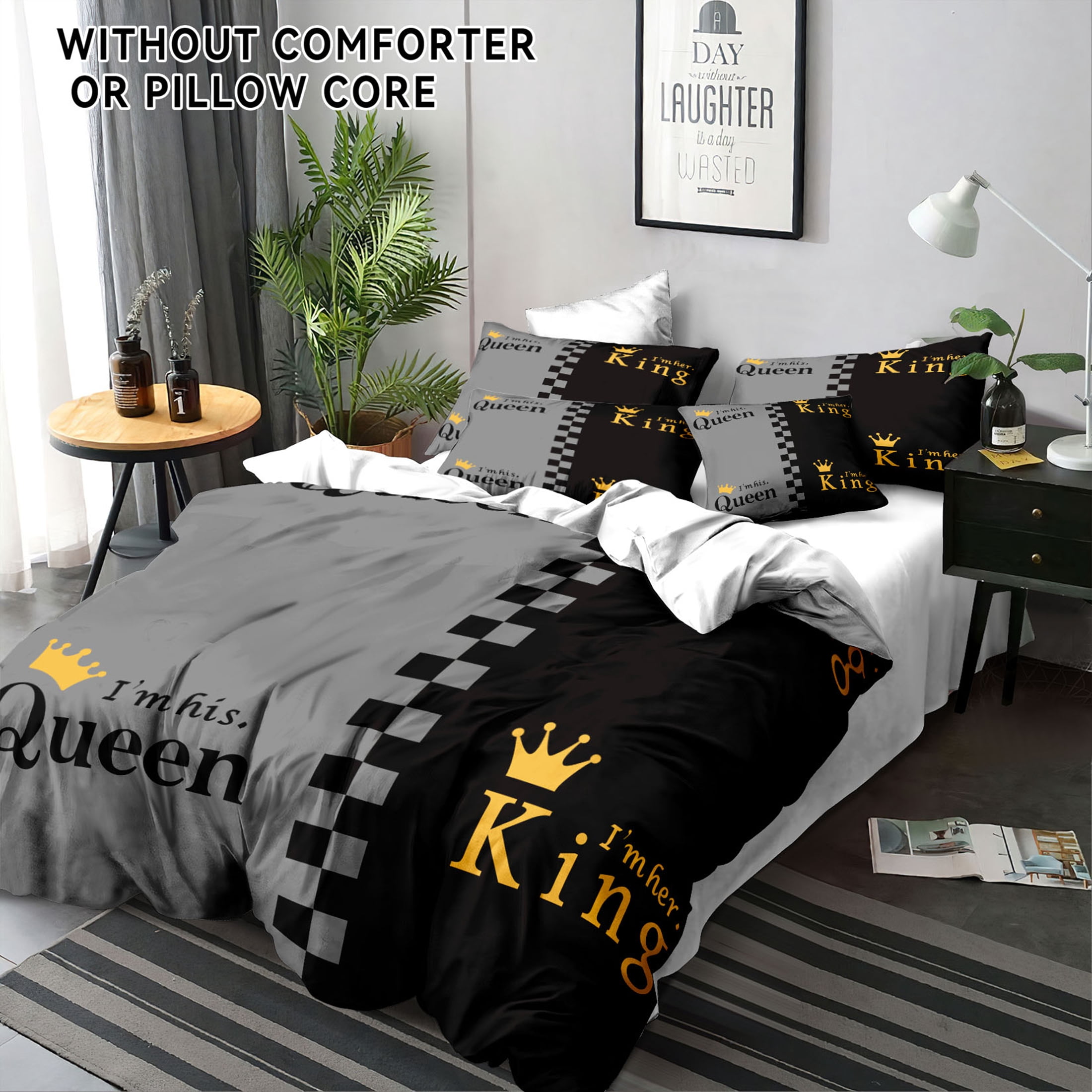 Orylavena Valentines Day Couples Classic Gray Crown Duvet Cover Set, White Back, King