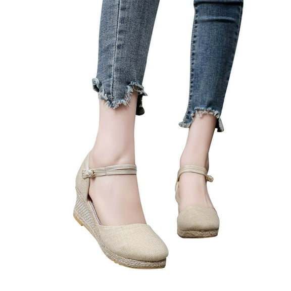 AXXD Beige Wedge Sandals for Women Knitted Round Toe Baotou Cloth Shoes Sandals High Heel Summer Casual