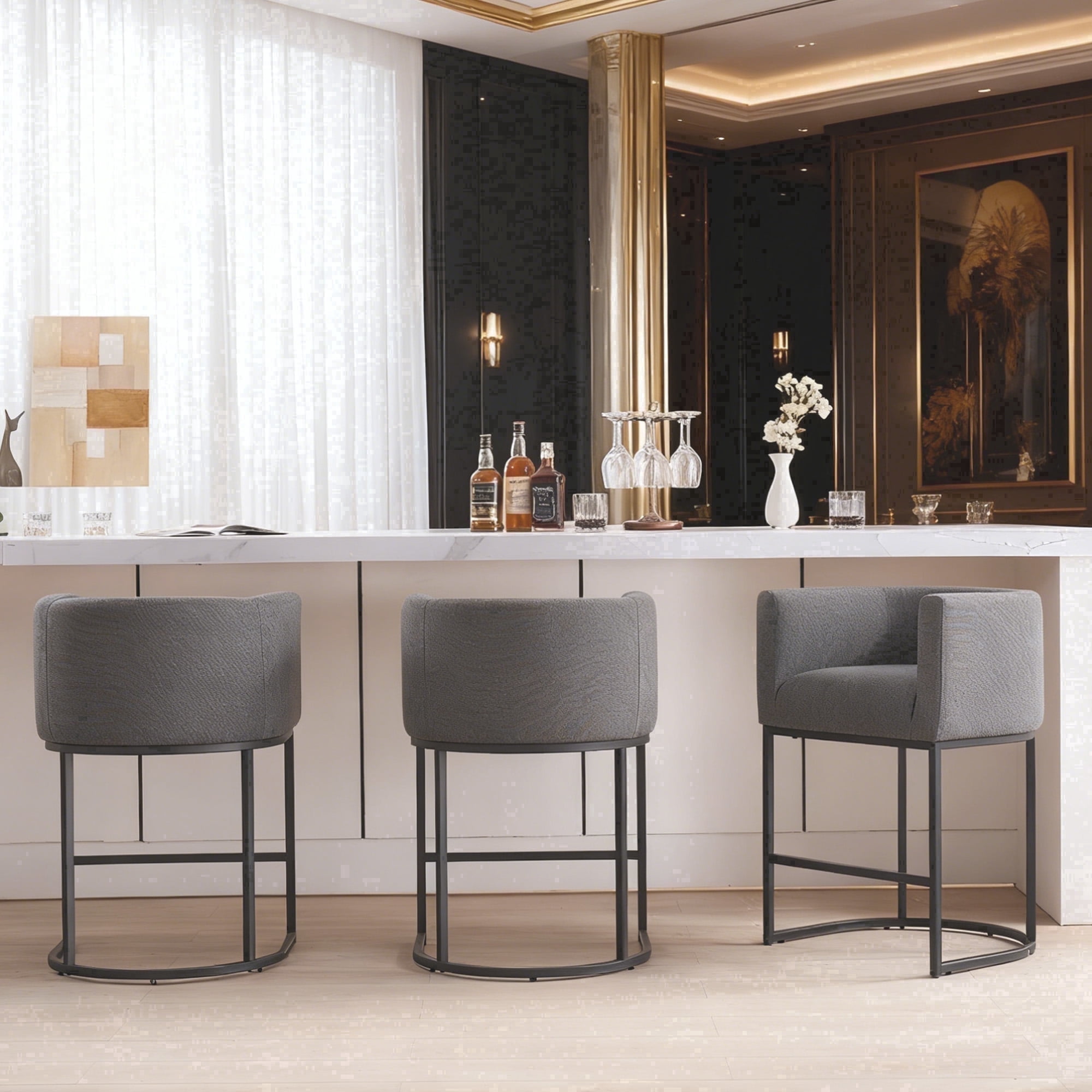 ClinQ Counter Height Bar Stool Set of 3, 26 in Fabric Upholstered Seat, Metal Legs for Indoor Dining Room and Kitchen Island, Darkgray