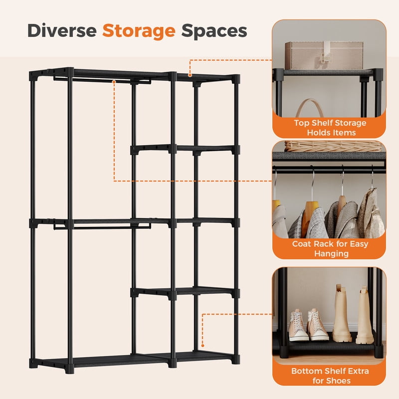 Gianna 49 Inch Hanging Clothes Rack, Portable Freestanding Multi-purpose Storage Rack, Black