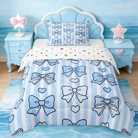 Erosebridal Blue Princess Bowtie Twin Comforter Sets For Kids Girls,Modern Geometric Stripes Lines Bedding Set,Reversible,2 Pieces