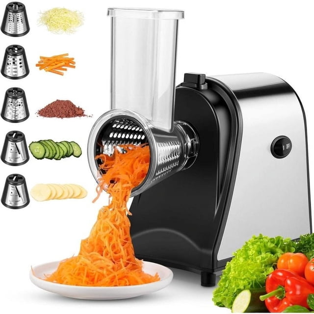 Rallador de queso eléctrico, rallador de queso profesional 5 en 1 de 250 W, cortadora eléctrica de verduras, cortadora eléctrica trituradora para verduras