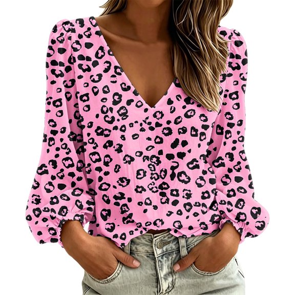 Lnmiateer Print V Neck Long Sleeve Tunic for Women Loose Fit Breathable Casual Trendy Streetwear Fashion Daily Blouse
