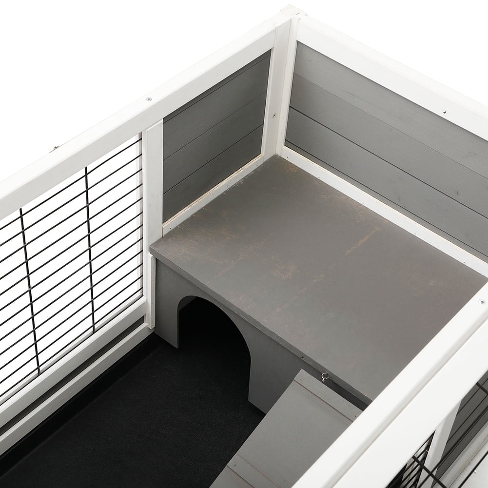 Kadyn All Weather Indoor Outdoor Pet Kennel, Wooden Pet House, 2 Tier Pet Shelter, Gray and White