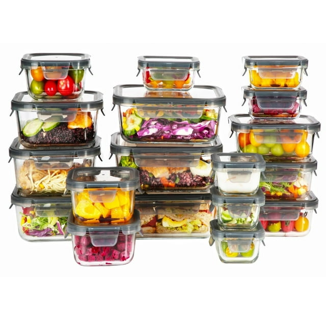 Contenedores de VIDRIO, Recipientes para Alimentos, Tapas Cierre Fácil y Herméticas a prueba de fugas, Cocina, Horno, Refrigerador, Congelador (SET 18 RECIPIENTES (36 PCS))