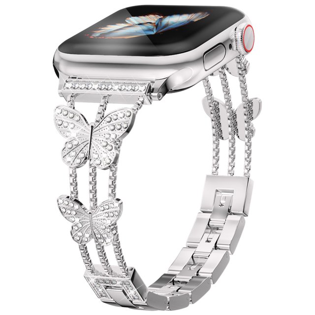 Compatible con Apple Watch Band Butterfly 38 mm, 40 mm, 41 mm, pulsera de diamantes brillantes para iWatch Band para mujer (plata)