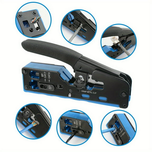 Professional RJ45 Crimp Tool with Pass-Through Technology - 8P8C Ethernet Cable Crimper, Stripper, and Cutter for Cat7, Cat6, Cat6a, Cat5e - All-in-One Network Cable Tool with Carbon Steel Body