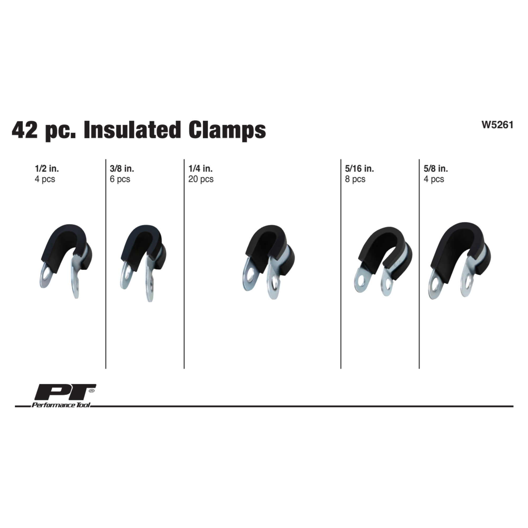 Performance Tool W5261 Insulated Clamp Assortment (42 Pieces) - Rubber Lined, Corrosion Resistant, Sizes 1/4" to 5/8" with Re-sealable Case