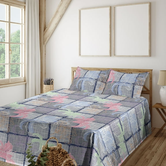 Ambesonne Floral Fitted & Flat Sheet with Shams 4 Pcs Set, Drawing of Lily Pattern Art, King, Indigo Pale Grey and Blush