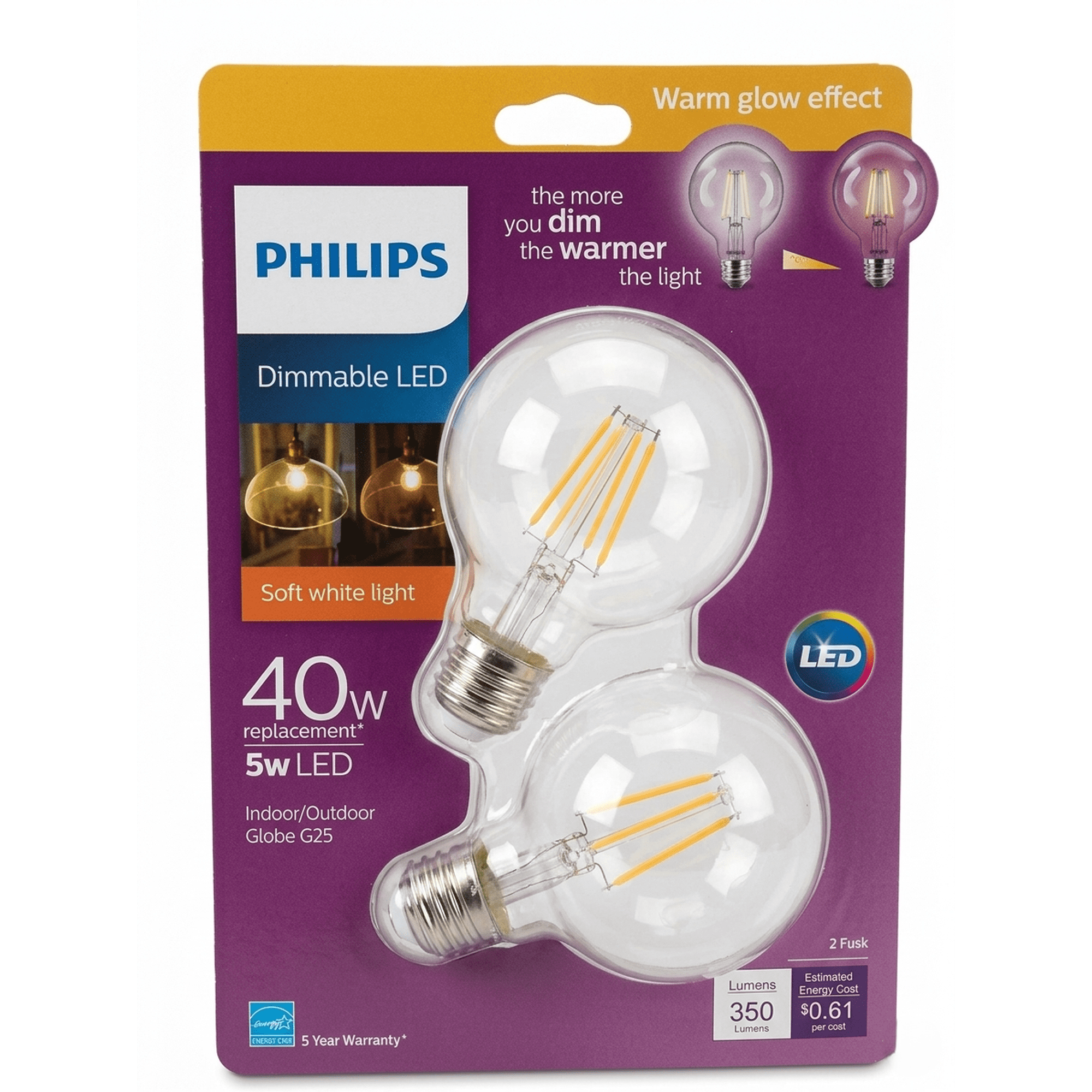 Philips 469759 5W Dimmable LED Globe Bulb, 2-Pack, Soft White, Warm Glow Effect