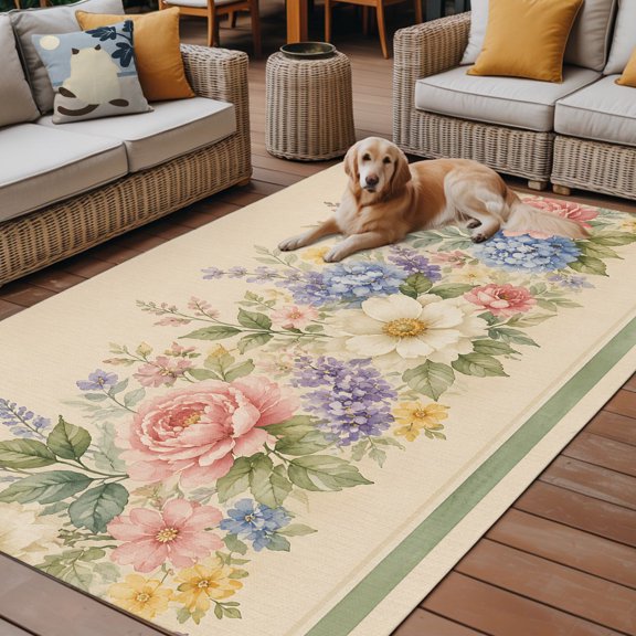 Outdoor Rug, Pastoral Flower Leaf Indoor Area Rug Outdoor Carpet RV Camping Rugs 6x9ft Farmhouse Colorful Floral Leaves Outside Mat for Patio Picnic Porch Deck Balcony Backyard