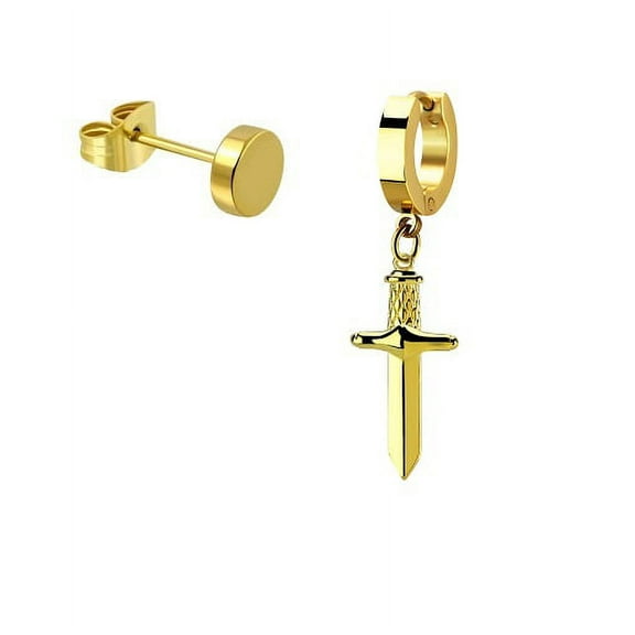 iJewelry2 Gold Tone Stainless Steel Dangling Sword Dagger Small Helix Huggie Hoop and Illusion Plug Stud Earrings
