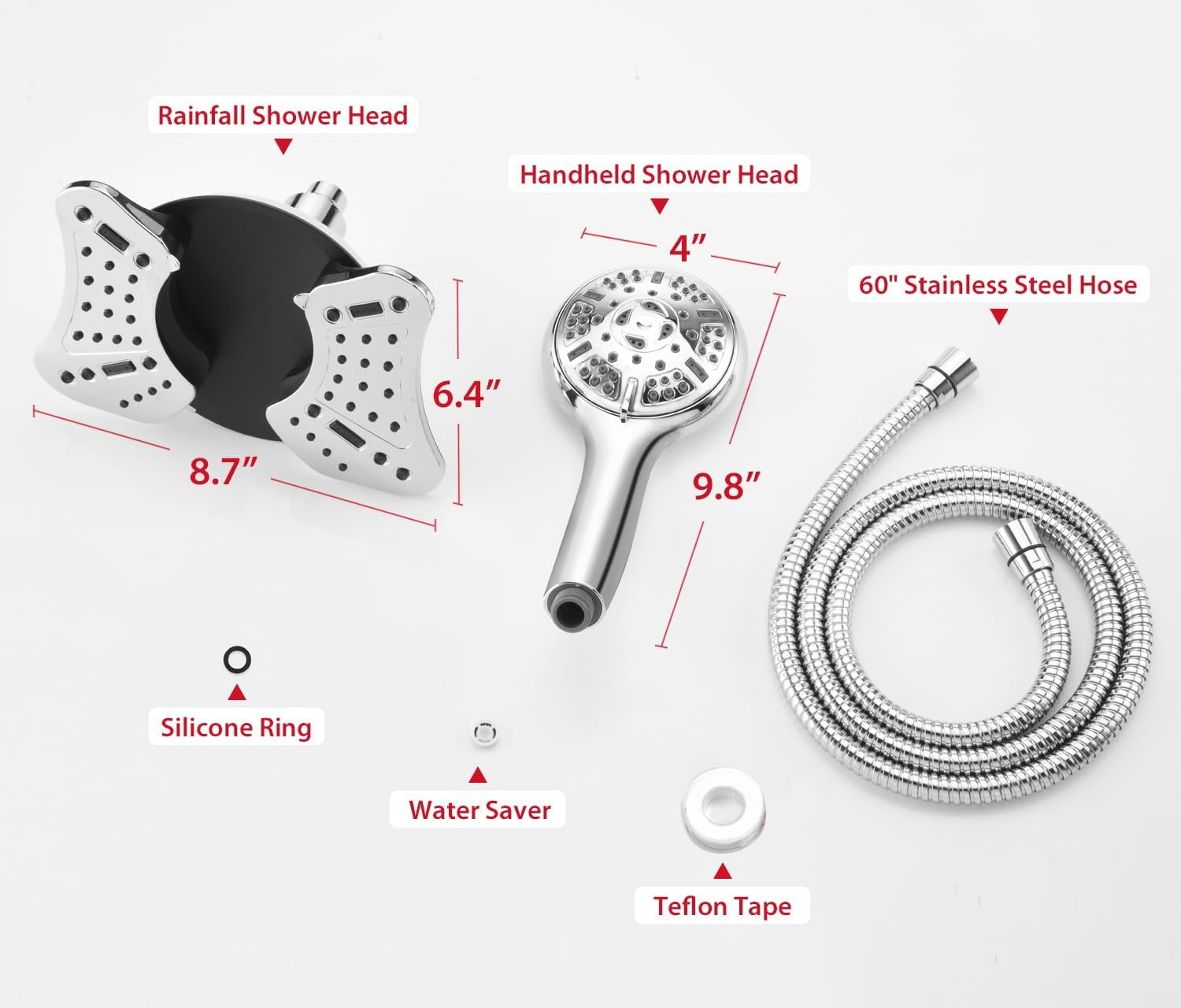 KESTE High Pressure Shower Head, 2 in 1 Rainfall Shower Heads with 9 Mode Adjustable Handheld Showerhead, Dual Showerhead with Anti-Clog Nozzles and 60” Hose, Silver