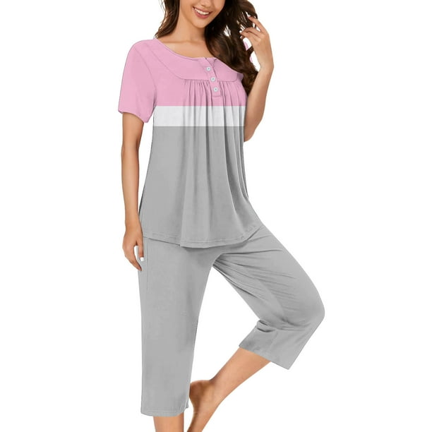 Sexy Pijama Conjunto para las Mujeres, Cuello Redondo Blusa de Manga Corta Y Pantalones, Traje de Moda Casual