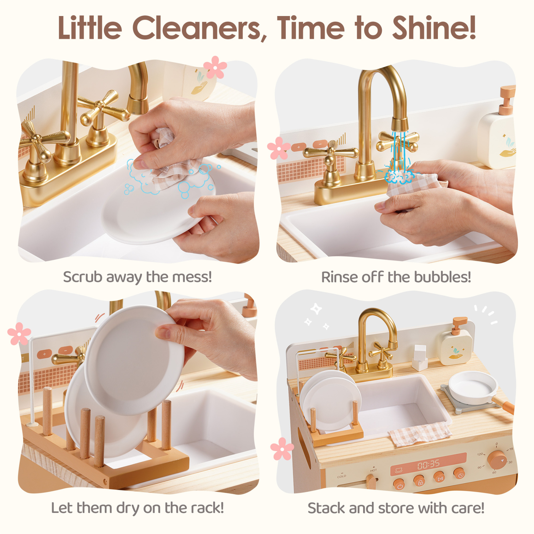 Robud Wooden Dishwasher Playset for Kids - Pretend Kitchen Sink with Faucet, Turning Knobs, Dish Rack & Tableware for Toddler Role Play Toy Ages 3+, Caramel