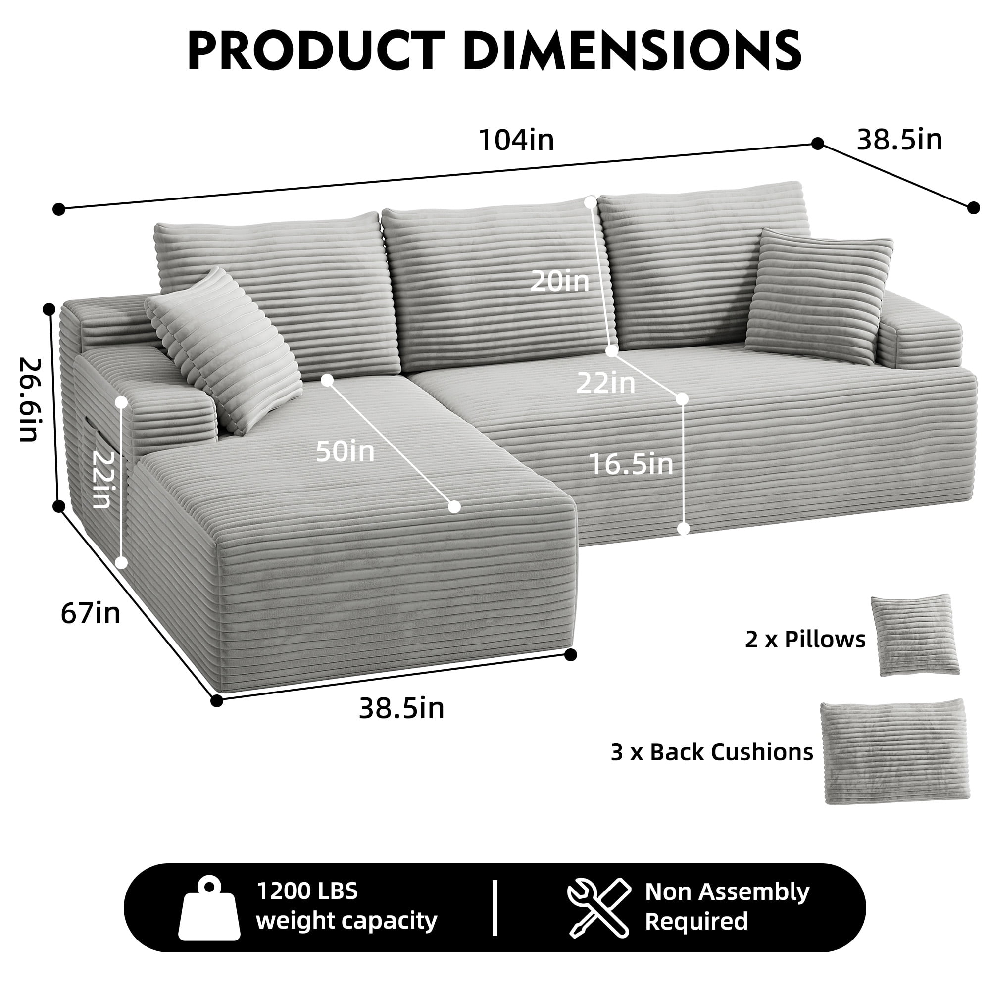 104" Modular L-Shaped Sectional Sofa, No Assembly Required Boneless Sofa with Chaise, High Resilience Foam & Corduroy Fabric, for Living Room Bedroom,(Oyster White)