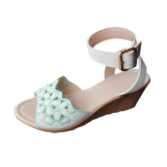 Xfvqtps Wedge Sandals for Women Ankle Buckle Strap Flower Embroidery Hollow out Soft Sole Non Slip Breathable Summer Sandals Green