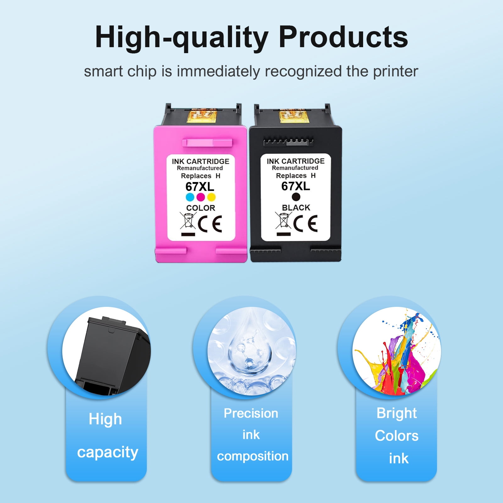 Compatible for HP 67XL 67 Ink Cartridges Combo Pack Ink 67 XL Office Jet 2755e 2855e 4155e 2700 2800e 3755 2652 Printer Ink 67 Black, Tri-color