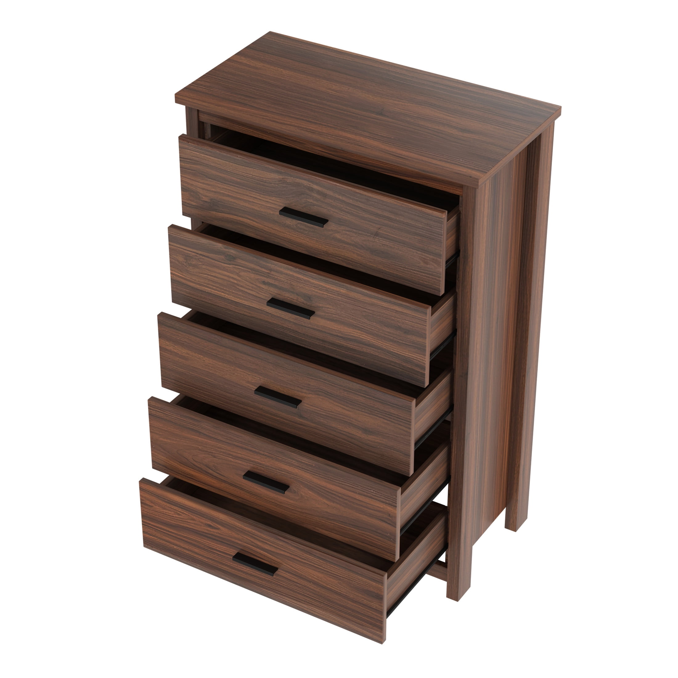 Noble House 4PCS Bedroom Set, Queen Bed with Storage Headboard & Charging Station, 2 Nightstands, 5-Drawer Dresser,Walnut
