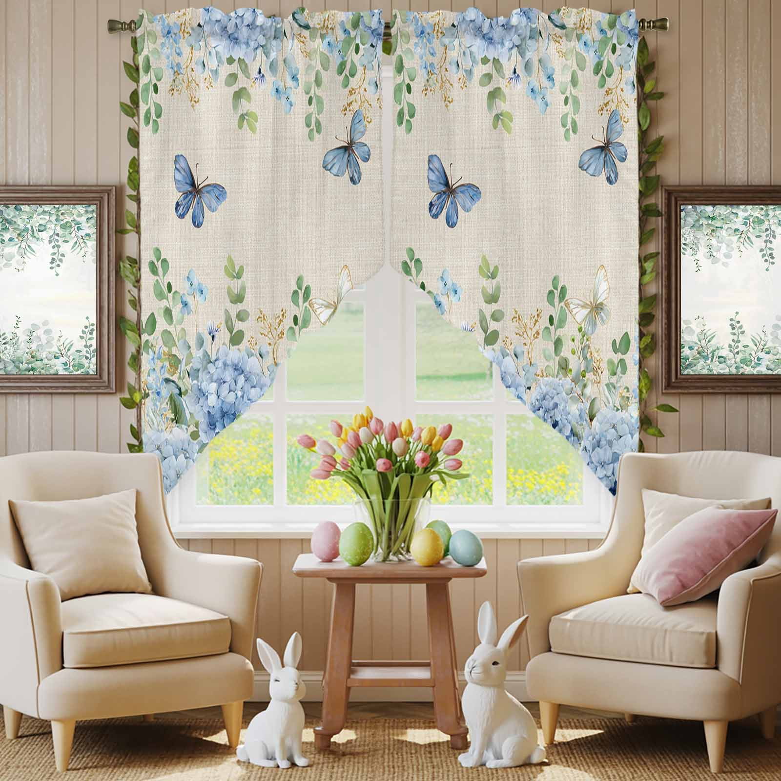 Blue Hydrangea Swag Kitchen Curtain Valances, Rustic Summer Blue Floral Butterfly Linen Texture Rod Pocket Curtains Window Treatment Decor Valances for Bedroom Bathroom, 2 Panels 36 x 36 Inch