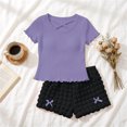 thumbnail image 5 of Babcutegg Girls Summer Two-Piece Set – Solid Color Breathable Rayon Short Sleeve Round Neck T-Shirt Top with Ruffled Bloom Shorts Purple Size 8/9, 5 of 10