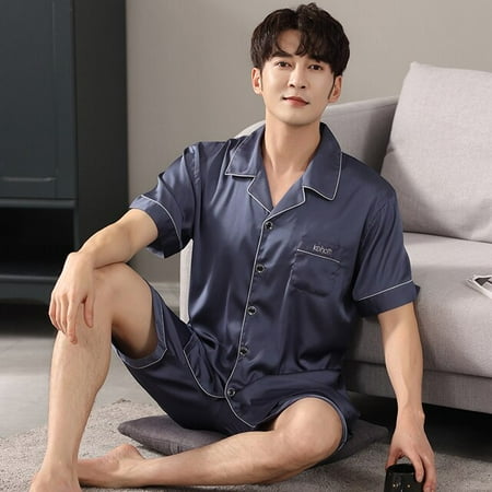 

QWZNDZGR Summer Big M-4XL Blue Short Lounge Men Pyjamas Imitate Icy Silk Men Pajama Sets Satin Pajama Male Sleepwear Pajamas Nightwear