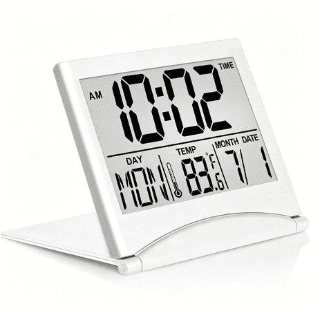 DESIGNICE Digital Travel Alarm Clock - Foldable Calendar Temperature Timer Lcd Clock with Snooze Mode - Large Number Display, Battery Operated - Compact Desk Clock(Silver, No Backlight)