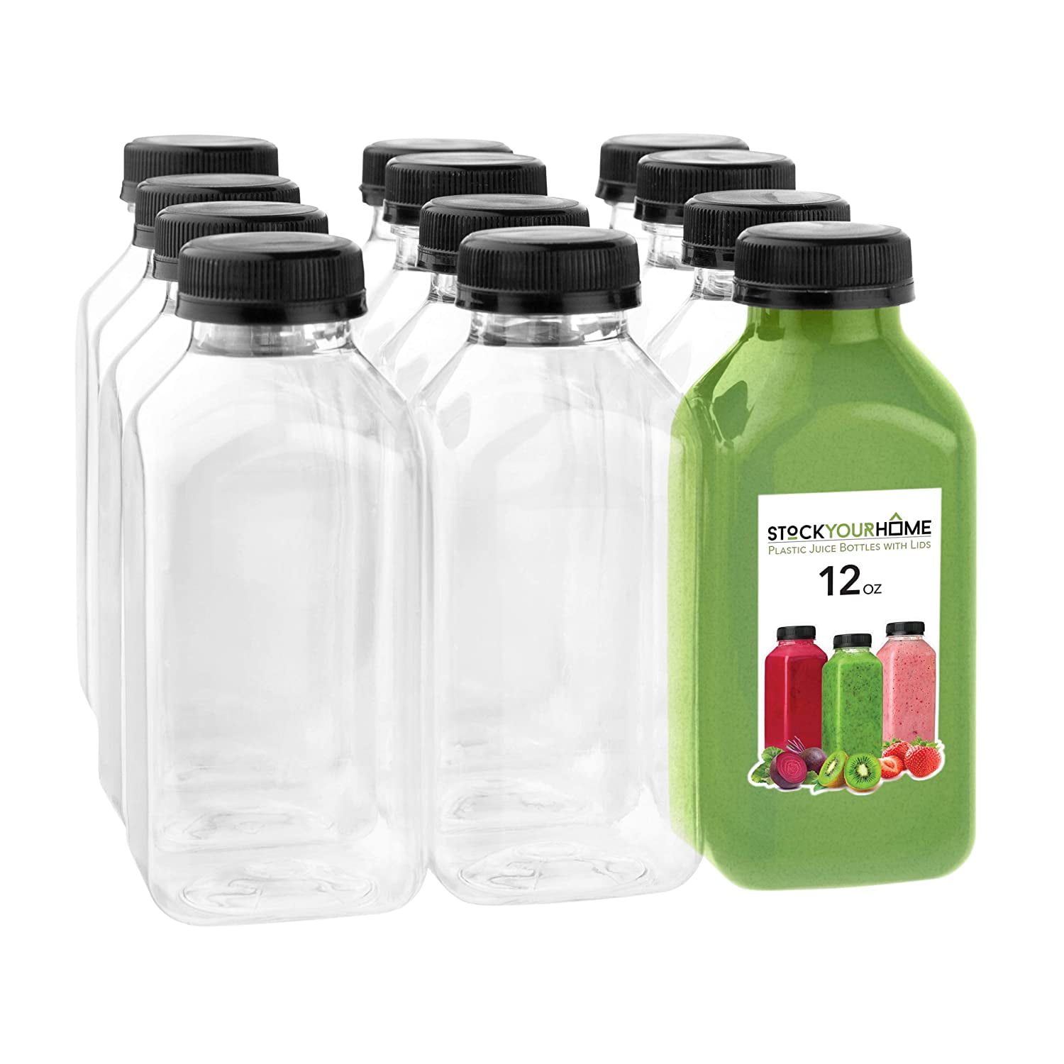 G Francis Plastic Juice Bottles with Caps in Black - 48pk 12oz Bottles with  Lids