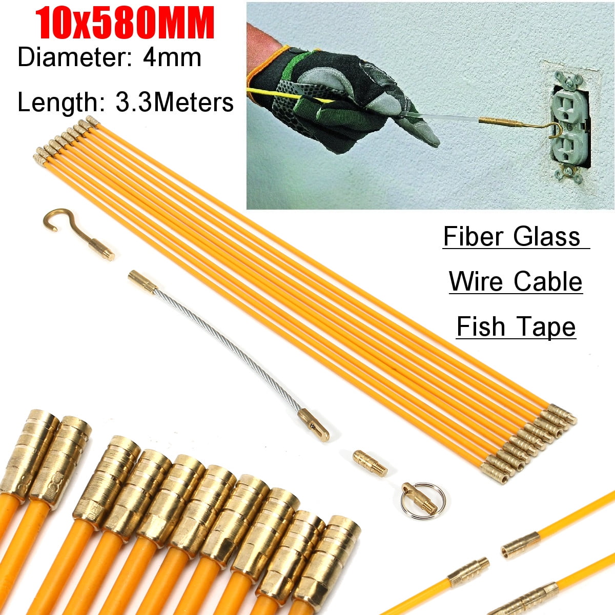 10X Fiberglass Cable Running Rods Kit Fish Tape Electrical Wire Coaxial