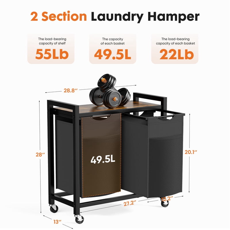 Gianna Laundry Hamper with 2 Pull-Out Removable Sorter Bags, Wheels, Freestanding Clothes Basket Organizer, 2 x 13.1 Gal (99L)