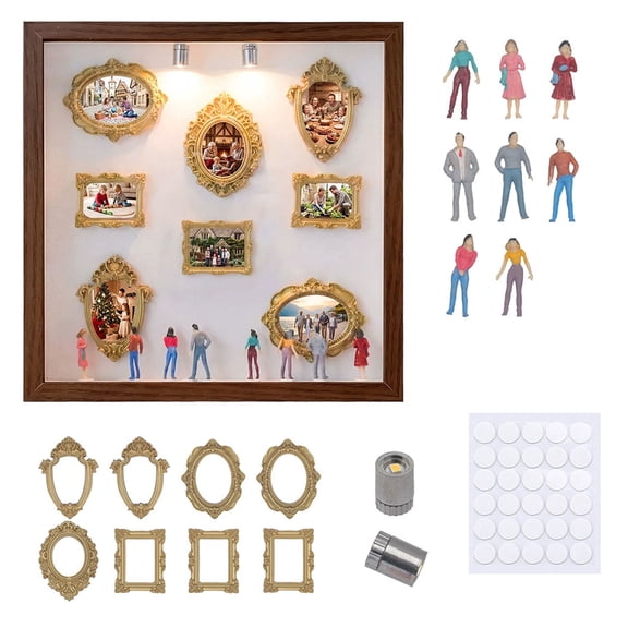 Liwantech DIY Mini Museum Shadow Box Kit with 8 Gold Mini Frames & Figurines, White Wall Mount Photo Display Decor Gift