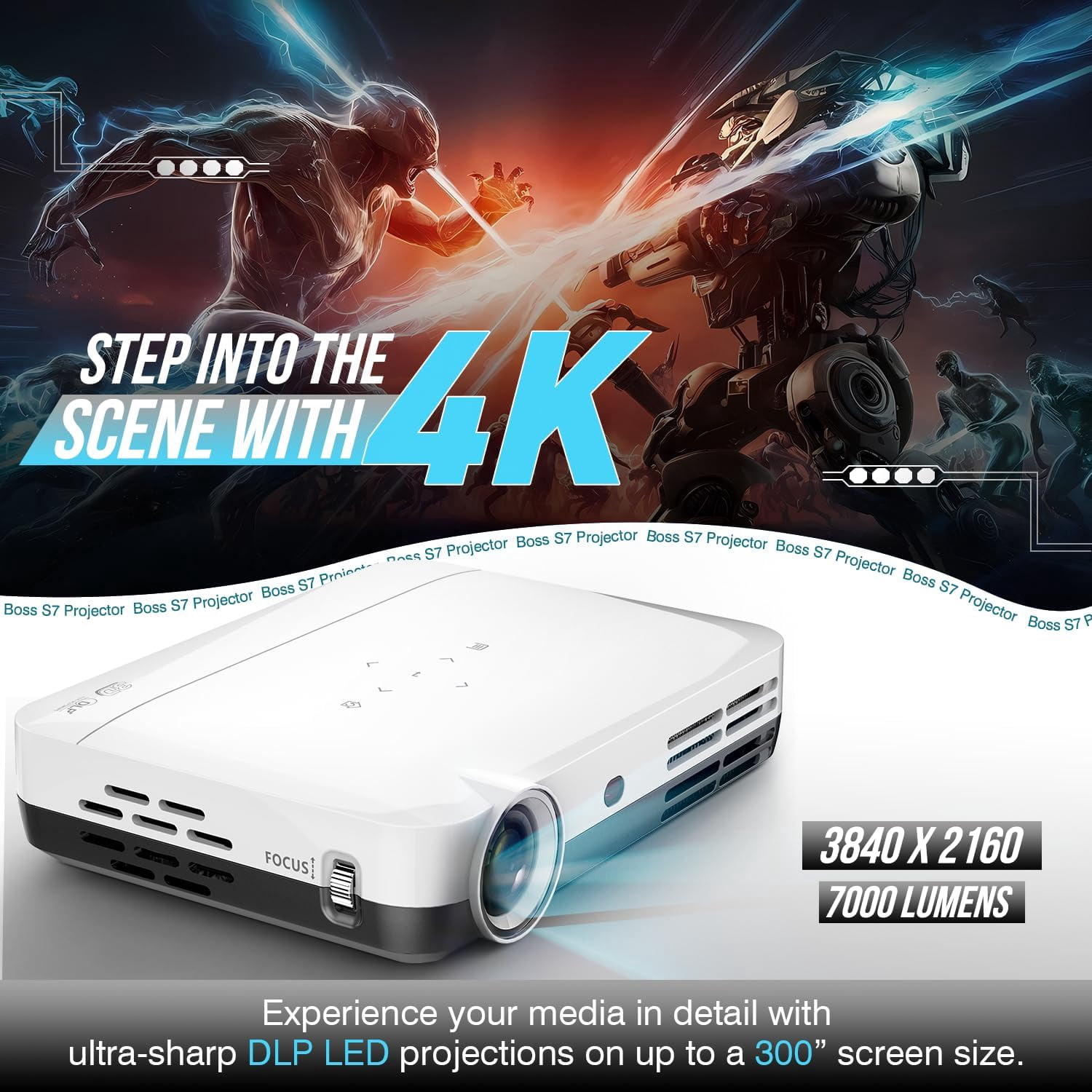 Boss Projector 4K UHD 3D Android Smart Projector, 7000 Lumens Portable Home Theater